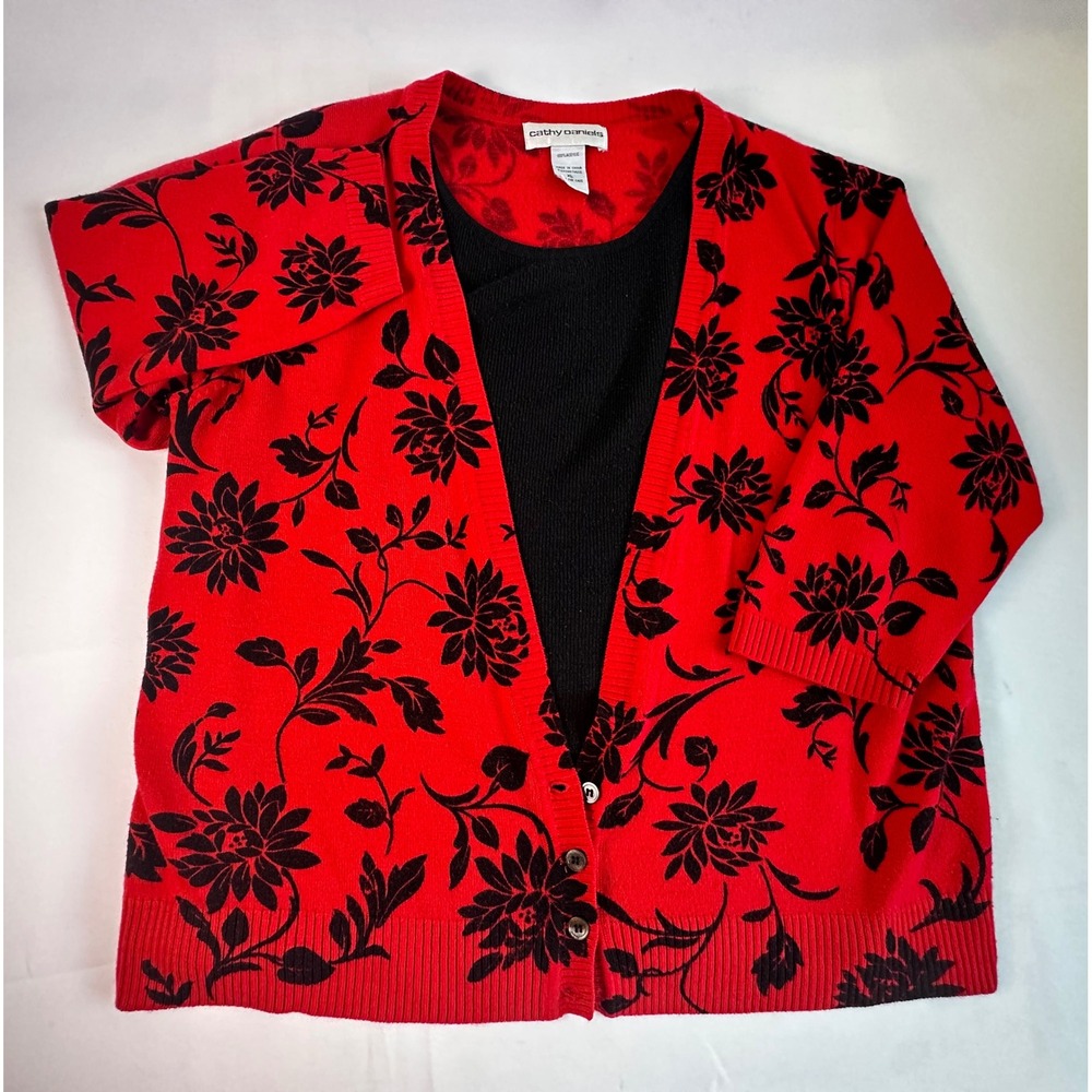 Cathy Daniels Floral Cardigan Pullover Top Red Black Flower Print XL